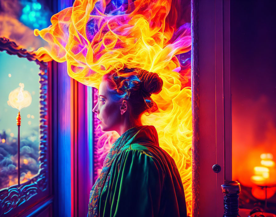 Woman standing by window with surreal flames in vibrant hues