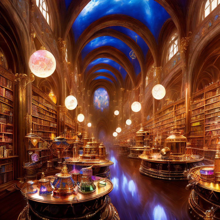 Enchanting library with blue vaulted ceiling and celestial instruments