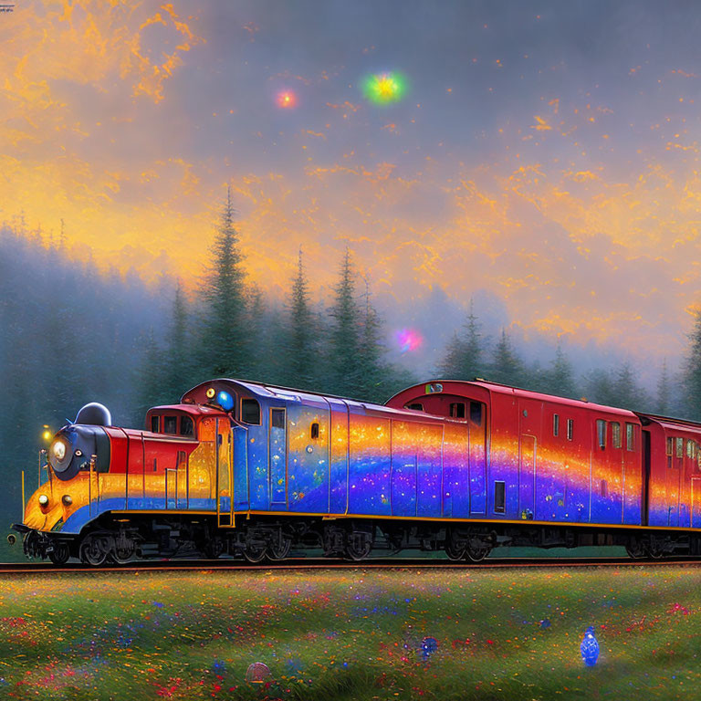 Colorful train with starry patterns in vibrant sunset landscape