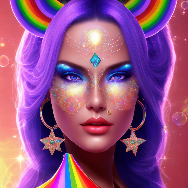 Vibrant rainbow makeup and accessories on mystical woman