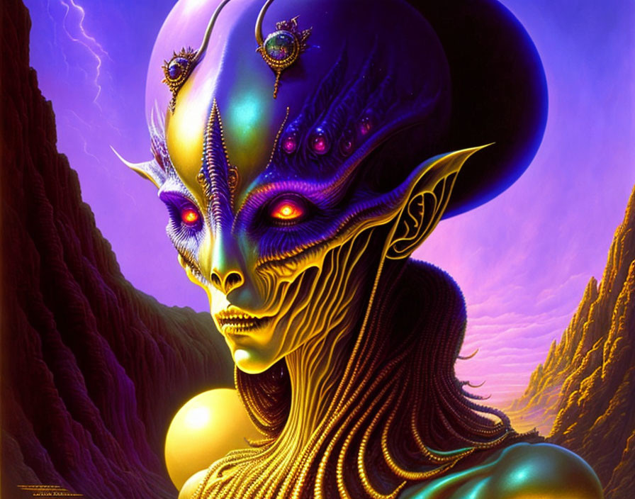 Detailed Alien Illustration with Purple Skin and Multiple Eyes on Desert Landscape