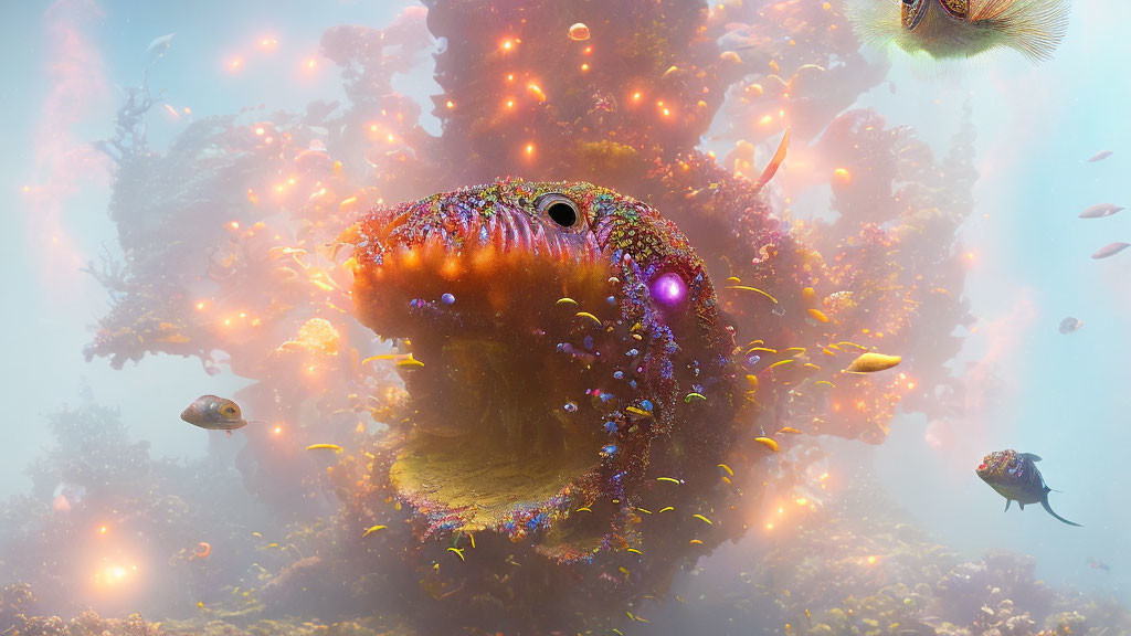 Colorful underwater scene: oversized moray eel, luminous fish, coral formations, glowing particles