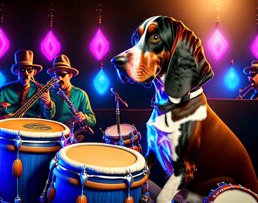 Colorful animated dog with shiny collar and characters playing conga drums in vibrant setting.