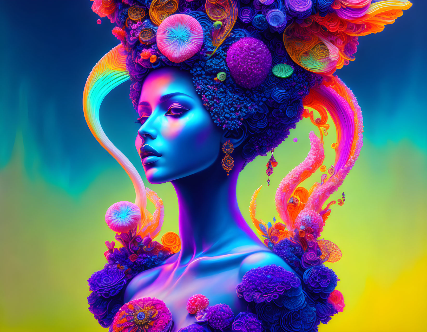 Colorful digital artwork: Woman with botanical headpiece and shoulder adornments on vibrant backdrop