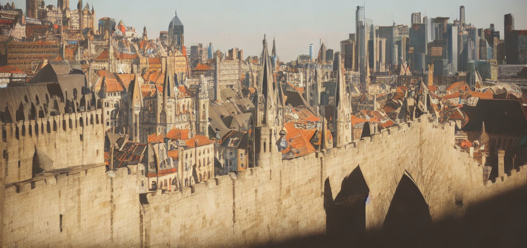 Medieval Buildings and Modern Skyscrapers in Cityscape