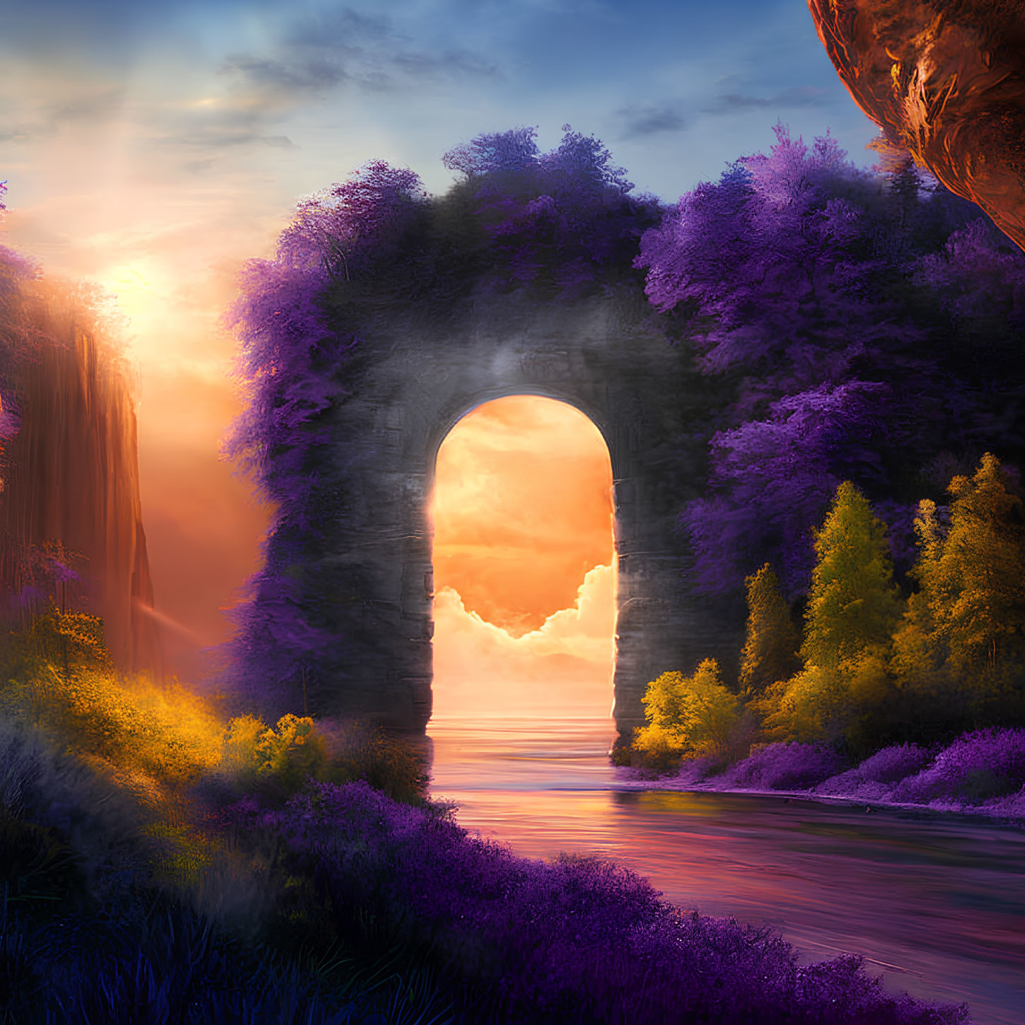 Fantasy landscape with stone archway and purple foliage at sunset