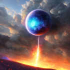 Digital artwork of celestial orb above volcanic landscape