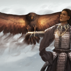 Majestic woman with large wings and golden armor standing confidently