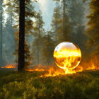 Glowing Orange Sphere Above Forest Floor Amidst Rising Smoke