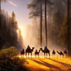 Forest sunrise with camel caravan and figures in misty light