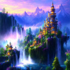 Mystical landscape with pagoda-style buildings, waterfalls, and mountains at twilight