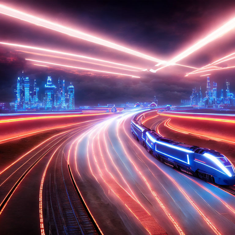 Vibrant neon-lit futuristic cityscape at night with high-speed train streaks