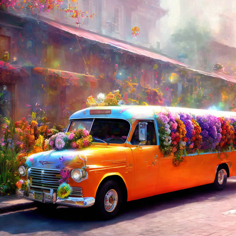 Vintage orange vehicle covered in flowers on sunny street