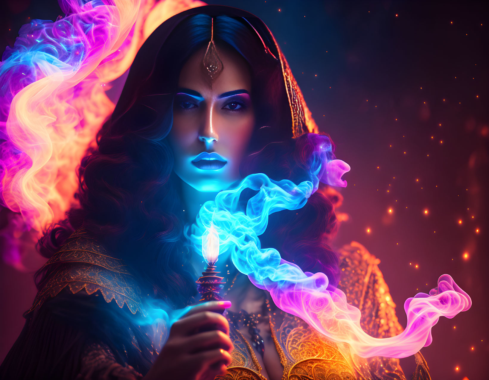 Mystical woman in traditional attire holding swirling lamp against starry backdrop