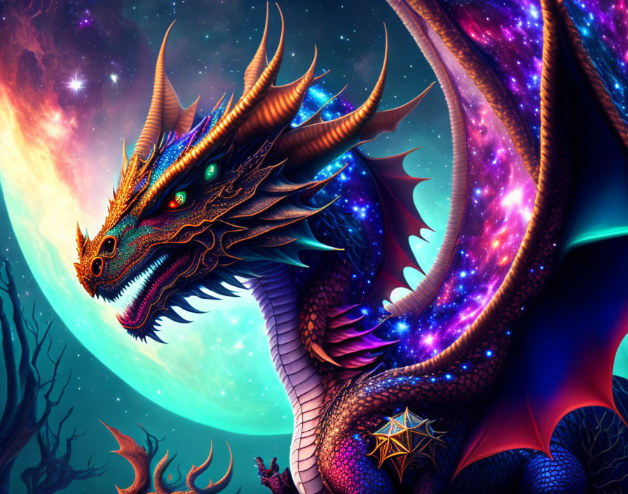 Colorful dragon with intricate scales in cosmic setting