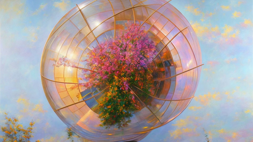 Pink Flowering Tree Enclosed in Metallic Sphere under Blue Sky