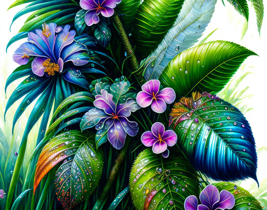 Colorful Tropical Foliage and Flowers with Dewdrops: Green, Blue, and Purple Shades in