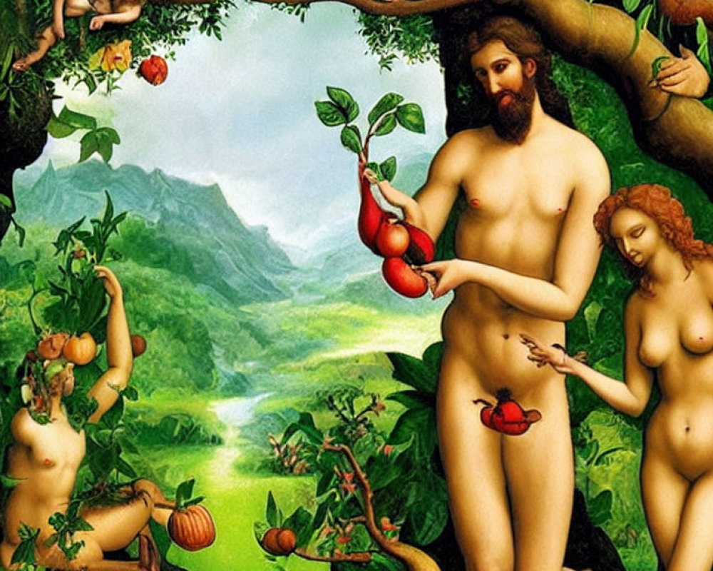 Adam and Eve painting with serpent in lush garden landscape