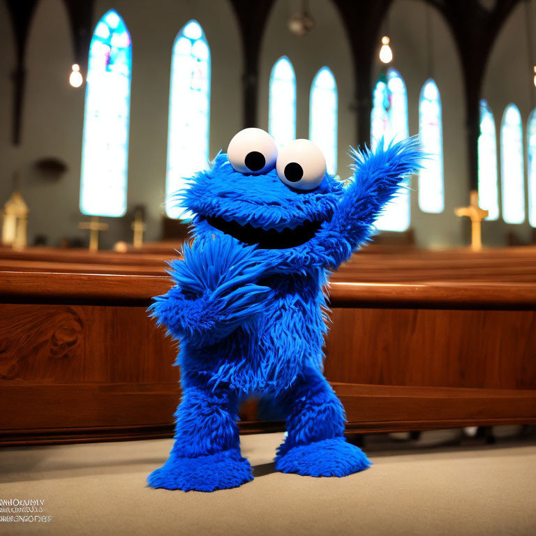 Blue Cookie Monster Plush Toy Waving in Church with Stained Glass