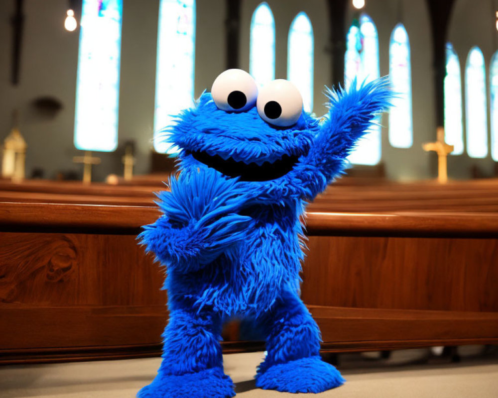 Blue Cookie Monster Plush Toy Waving in Church with Stained Glass