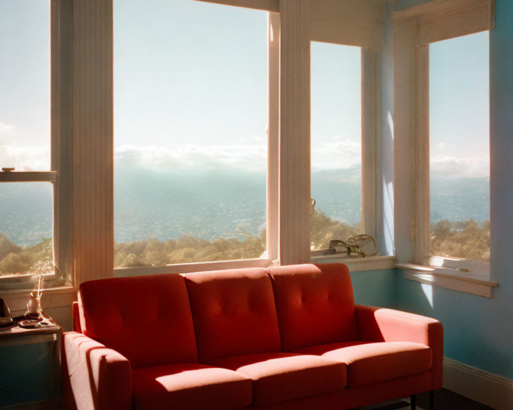 Room with Large Window and Scenic Landscape View Featuring Bright Red Sofa