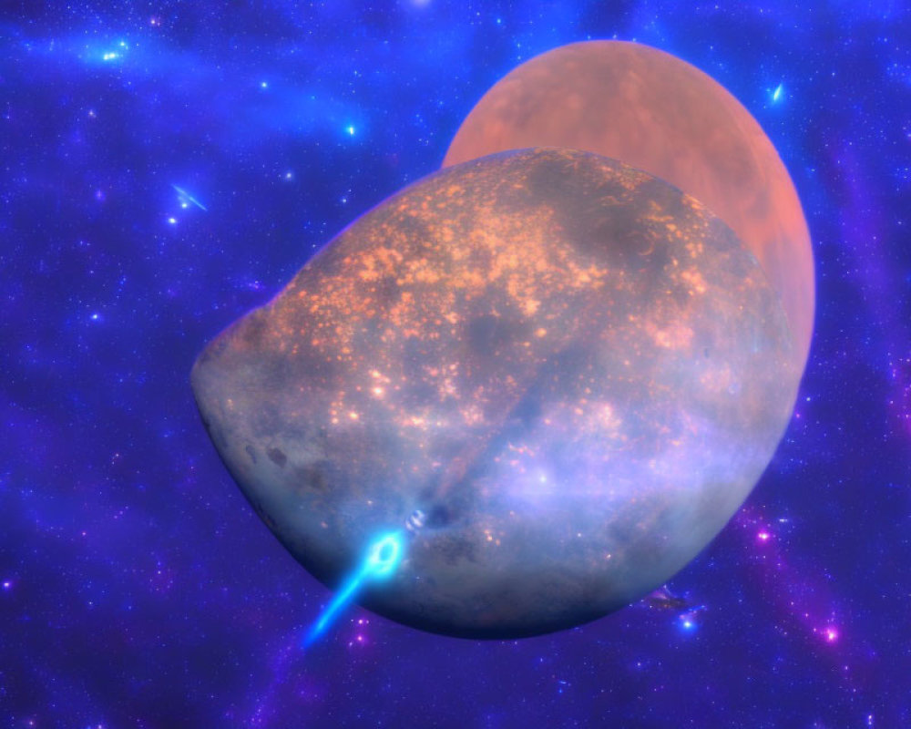 Digital Space Rendering: Celestial Bodies with Blue Nebula and Bright Light Beam