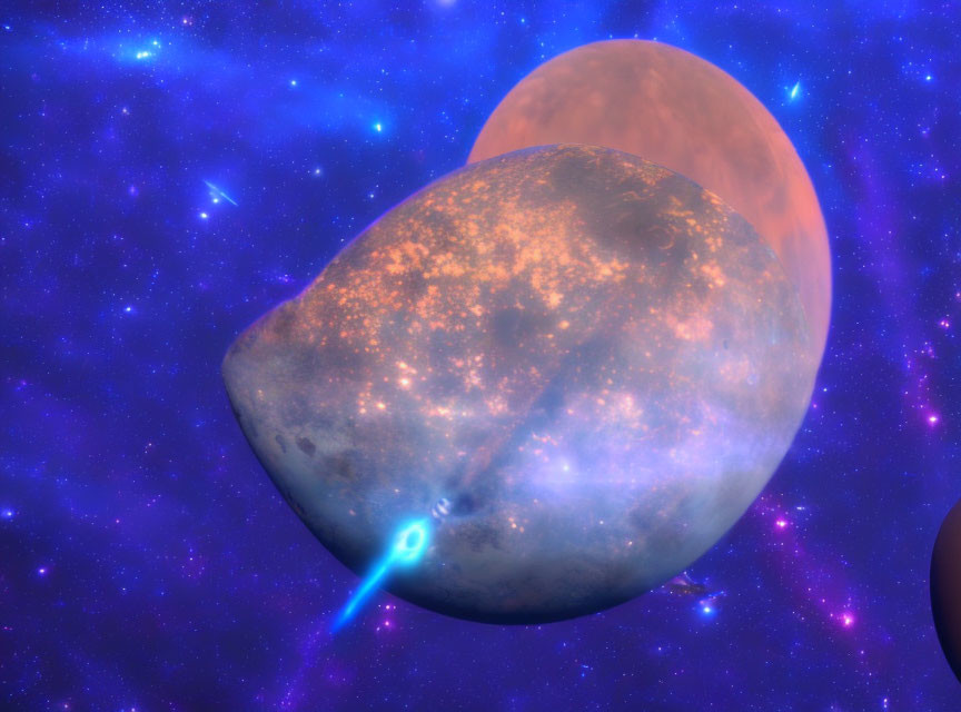 Digital Space Rendering: Celestial Bodies with Blue Nebula and Bright Light Beam