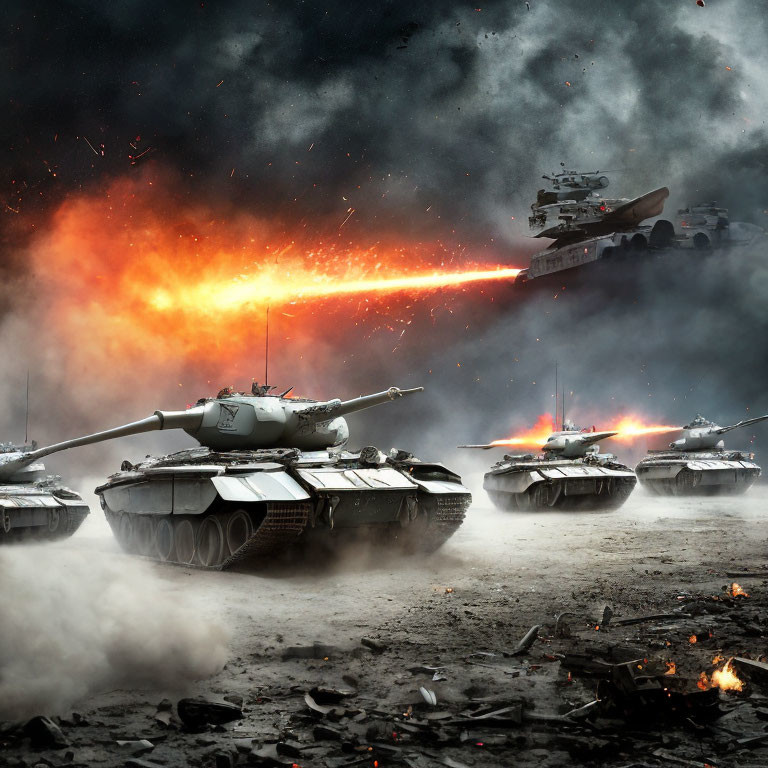 Futuristic tanks in stormy battlefield with explosions