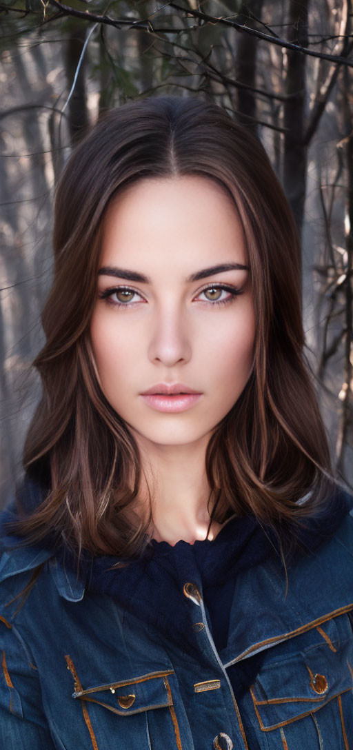 Portrait of Woman with Medium-Length Brunette Hair in Blue Denim Jacket