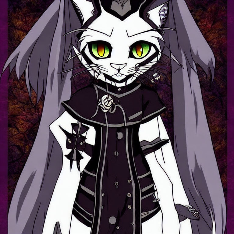 Gothic anthropomorphic cat character with wings and green eyes in dark dress