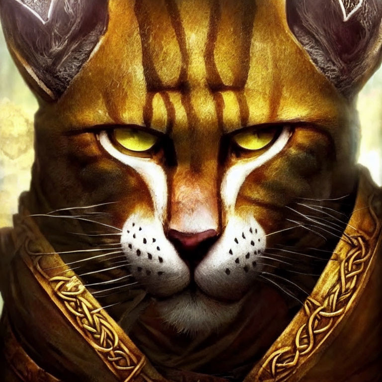 Regal feline with yellow eyes in ornate golden collar