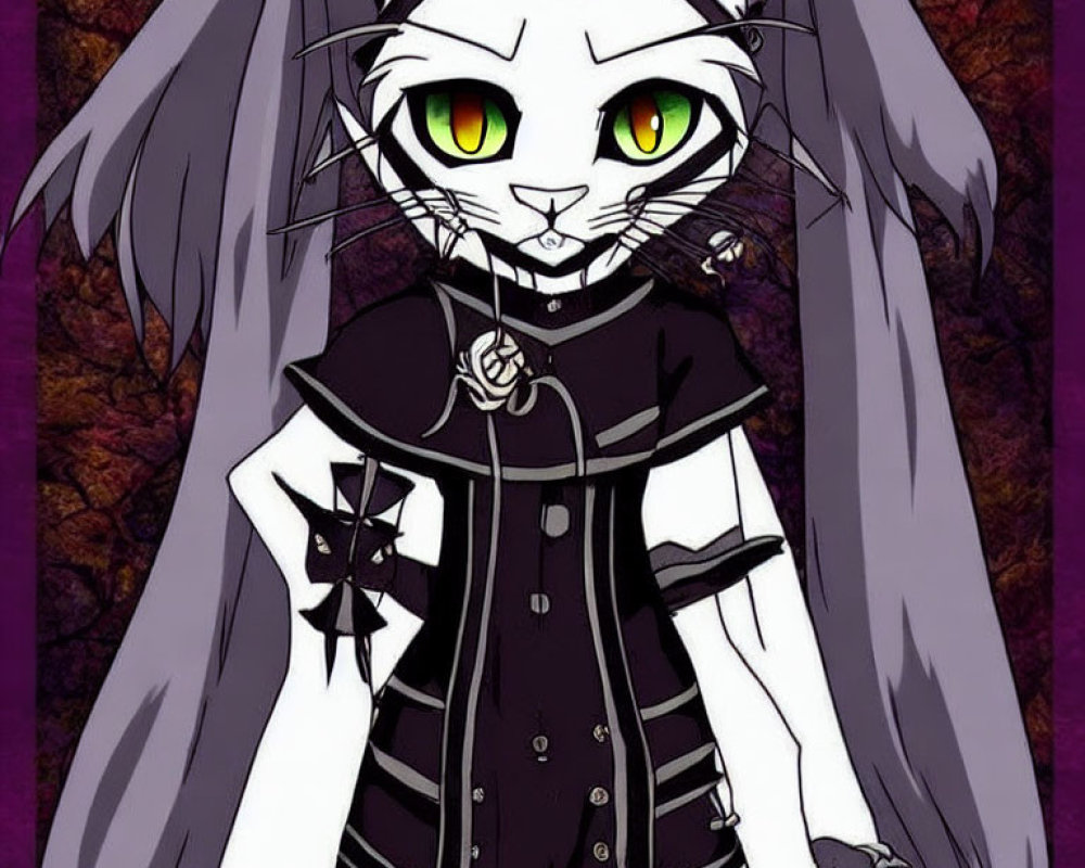 Gothic anthropomorphic cat character with wings and green eyes in dark dress