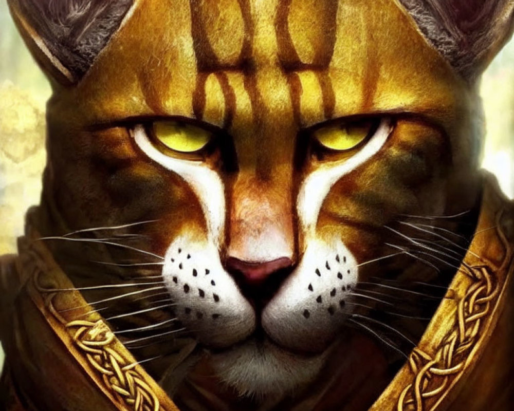 Regal feline with yellow eyes in ornate golden collar