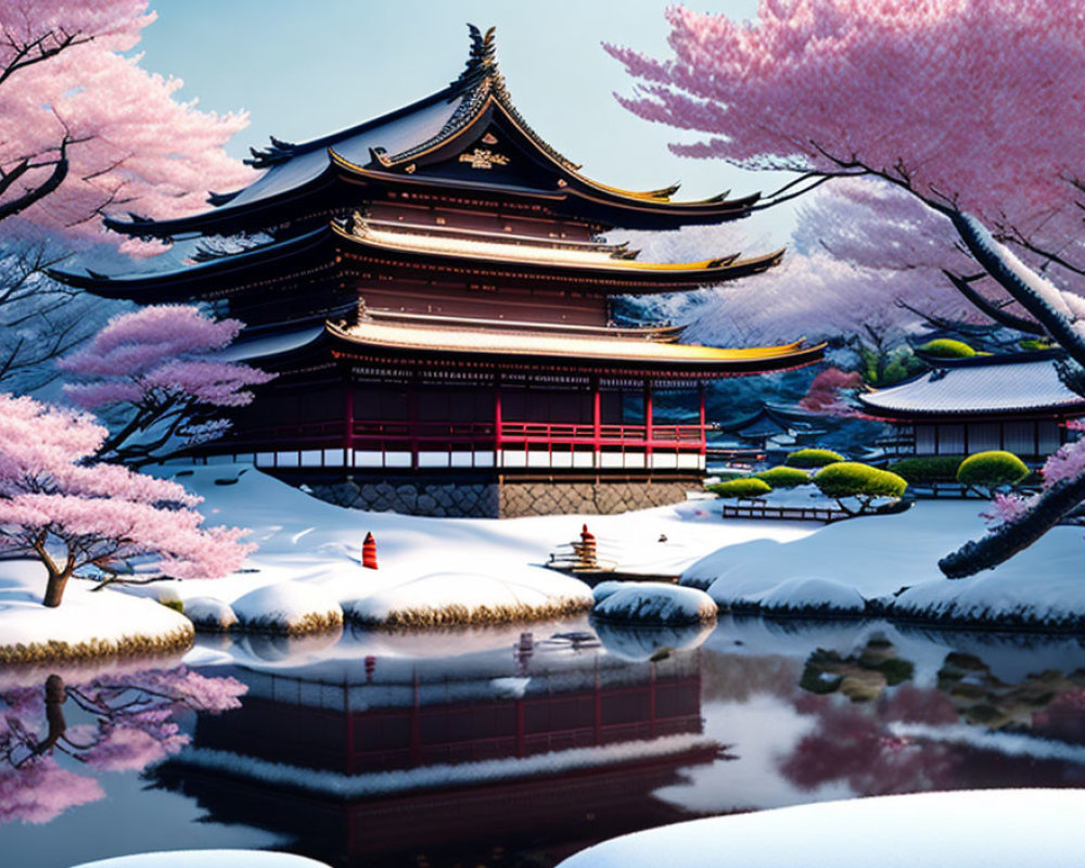 Japanese Pagoda in Winter Landscape with Cherry Blossoms and Pond