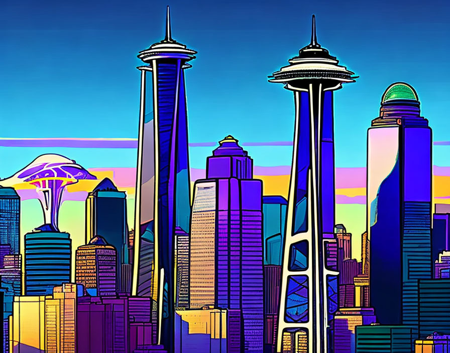 Colorful cityscape illustration with twin towers and futuristic buildings.