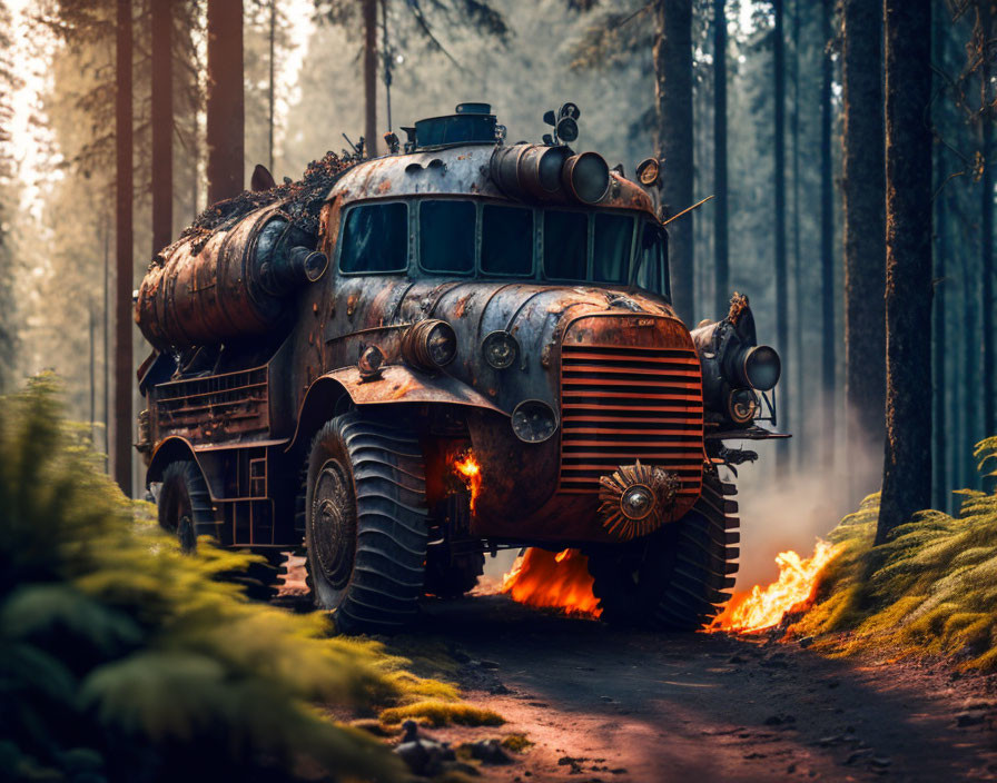 Rustic truck with multiple exhausts driving through forest with sunlight filtering.