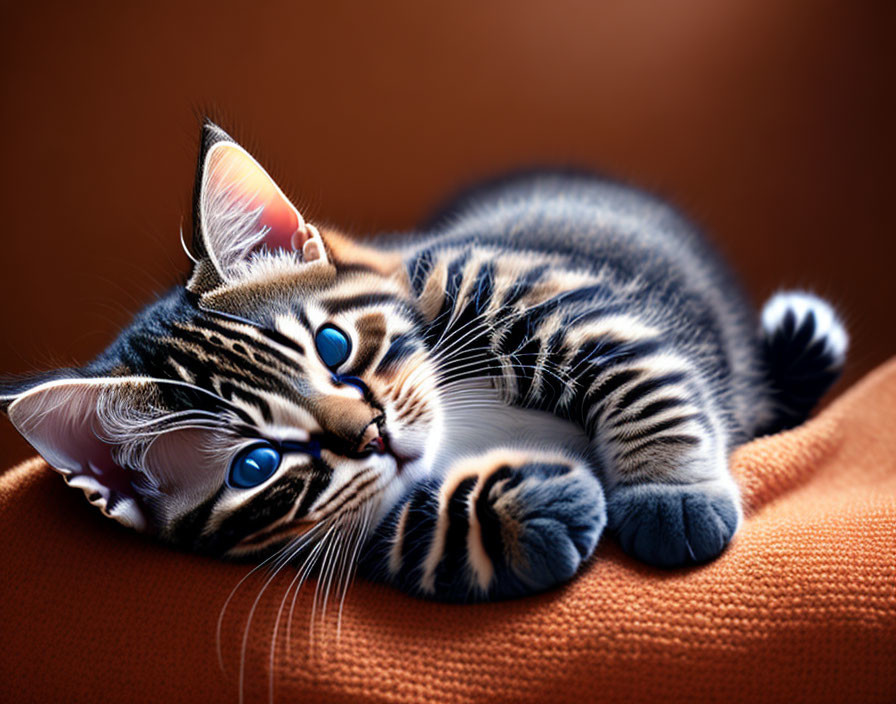 Tabby Kitten with Striking Blue Eyes on Orange Surface