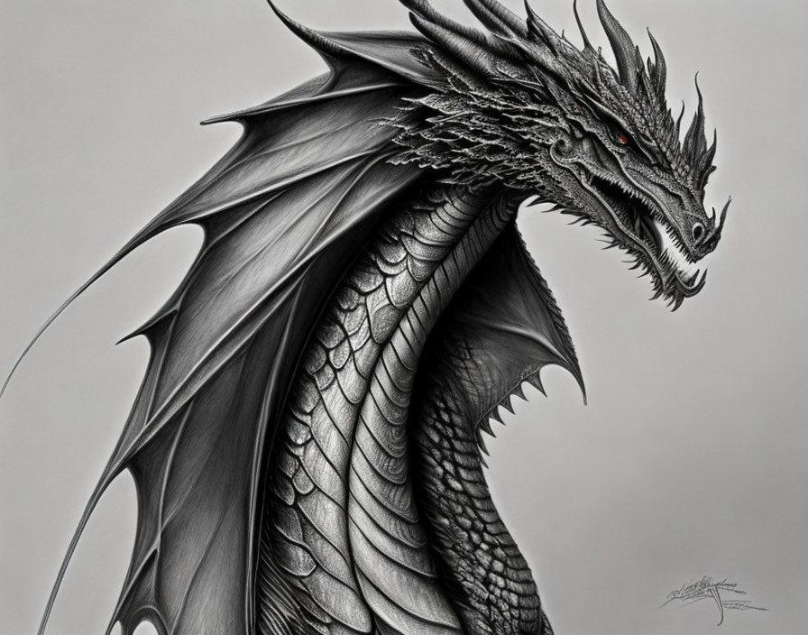 Detailed grayscale illustration of menacing dragon with sharp scales & long horns