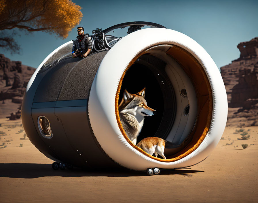 Man on futuristic spherical vehicle with fox in desert