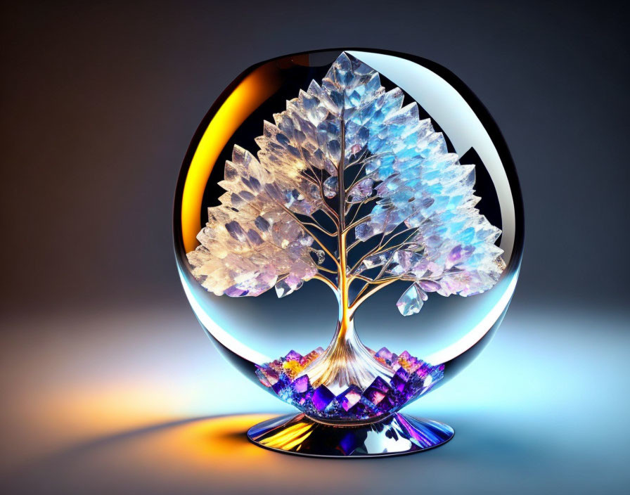 Crystal Tree Sculpture in Circular Frame on Blue-amber Gradient Background