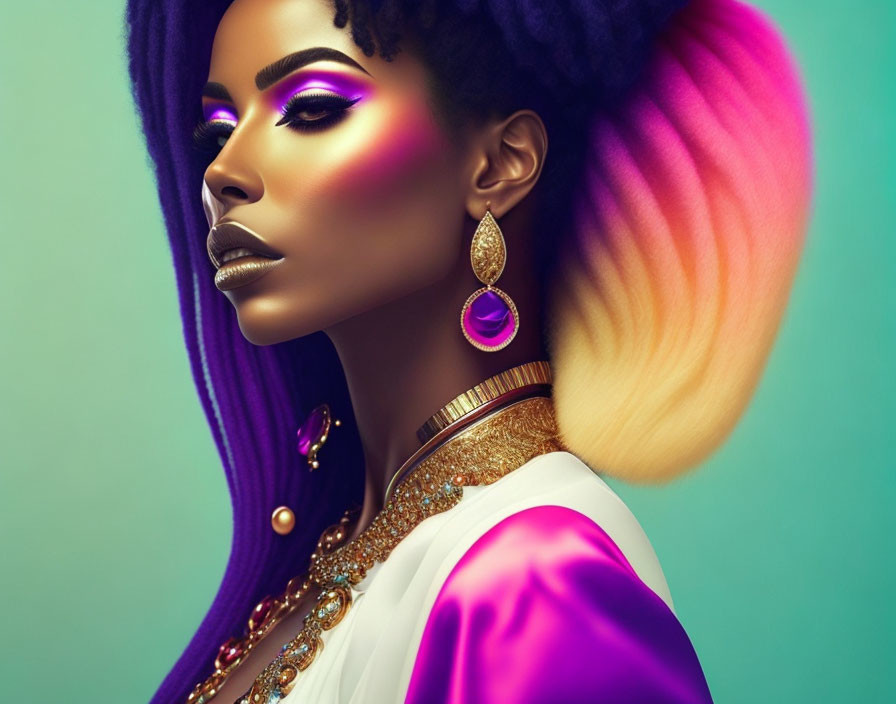 Striking Purple Eyeshadow and Ombre Hair with Teal Background