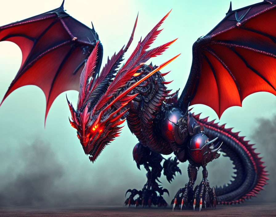 Menacing Mechanical Dragon with Red Scales in Misty Environment