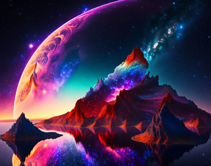 Surreal landscape with mountains, water, and starry sky