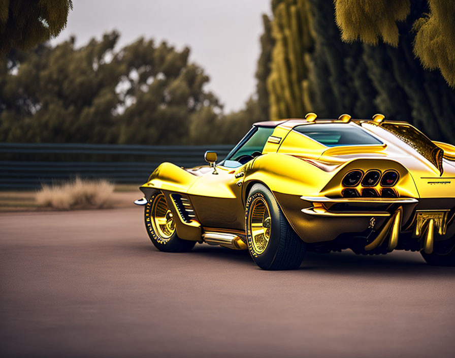 Vintage Golden Corvette with Custom Body Kit and Wheels on Road with Trees