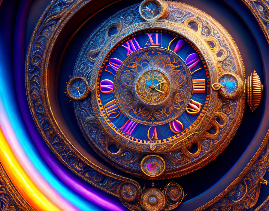 Colorful Fractal Design Clock with Roman Numerals