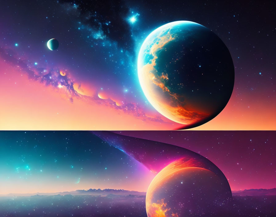 Colorful digital artwork of cosmic scenes with stars and nebulae