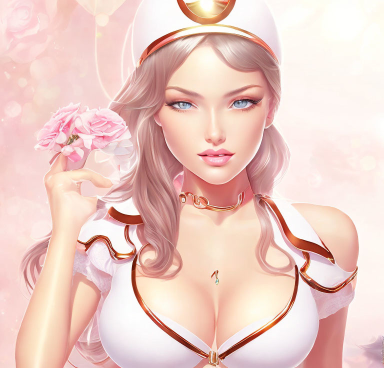 Digital artwork of woman with blue eyes and blonde hair in nurse's attire holding a pink flower