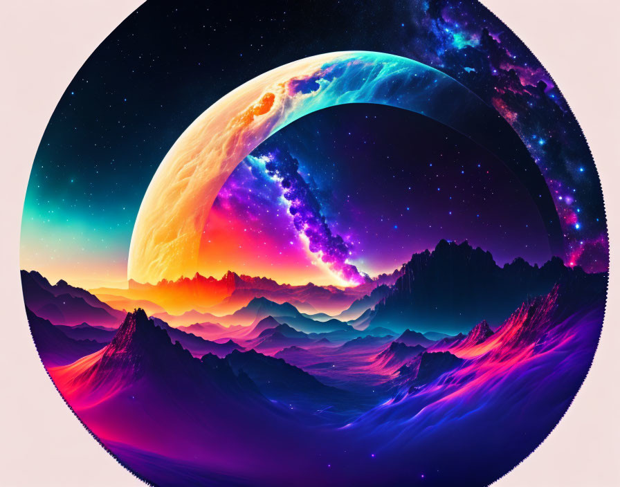 Colorful fantasy landscape with mountains under a starry space vista