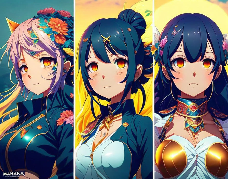 Colorful Anime Characters with Floral Hair Accessories