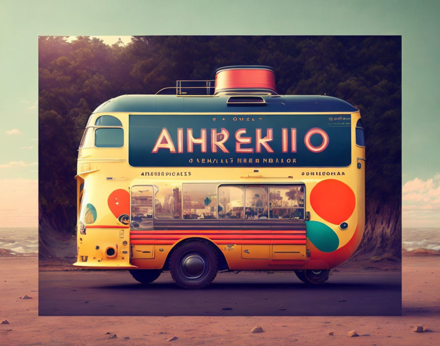 Colorful Retro-Style Bus on Sandy Beach with Forest and Hazy Sky